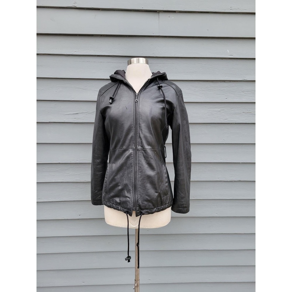 Vintage 90 sy2k Wilsons Leather Jacket Black Hooded Zip Up Quilted Lining XS